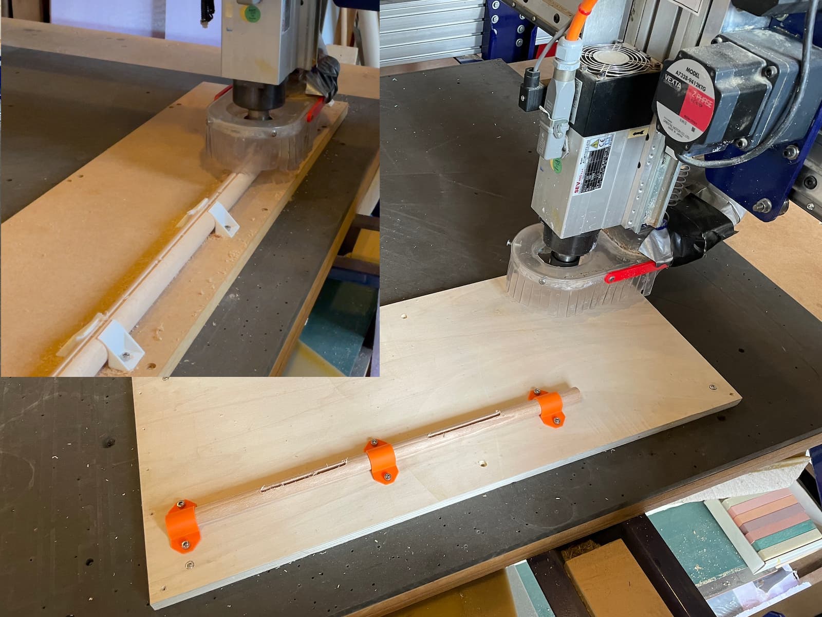 a wood rod held down with 3d-printed clamps being cut by a CNC router