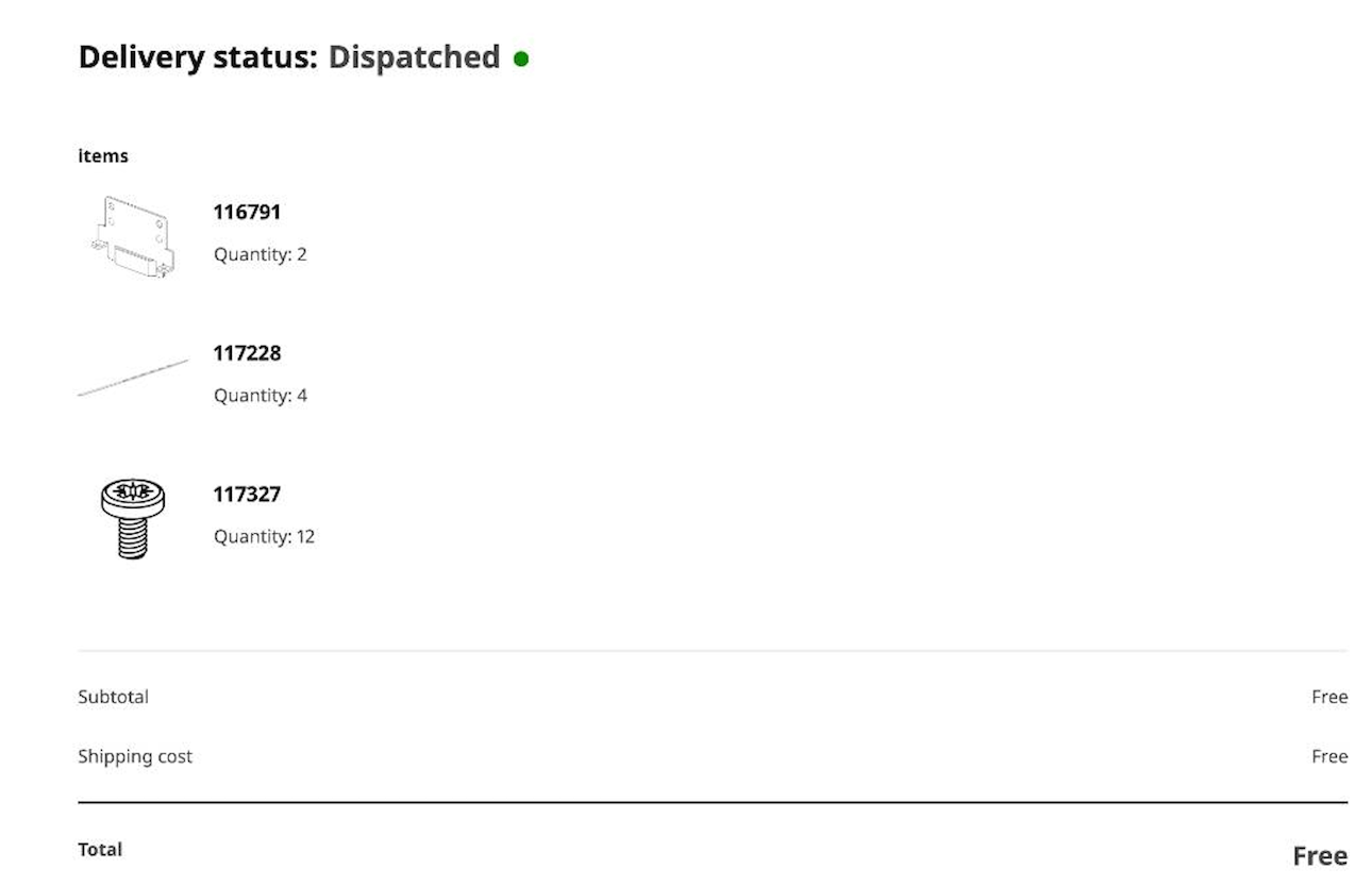 Ikea spare parts order confirmation