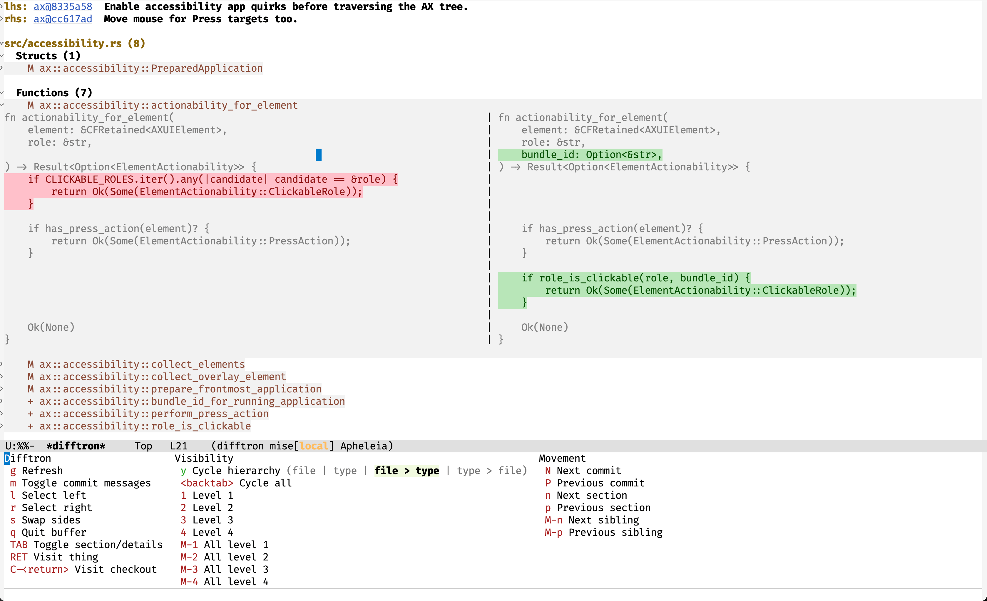 The Difftron UI in Emacs, showing changes in a file > entity type hierarchy with one function change expanded to show a side-by-side diff with highlighting"/>
</a></p>

<p>See the <a href=