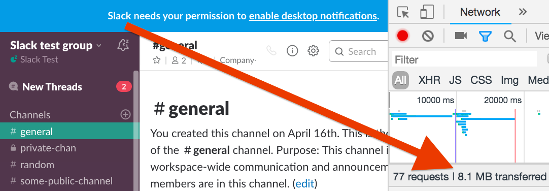 Network tab showing the Slack web app transferring 8 MB just to load an empty channel